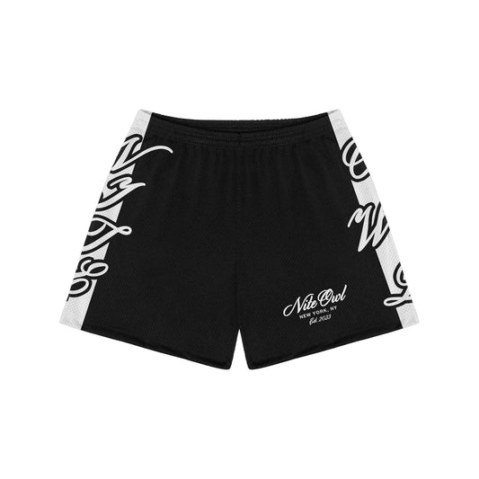 Nite Owl mesh shorts, gothic script athletic shorts, black mesh streetwear shorts, NYC fashion shorts, breathable mesh shorts, luxury urban shorts, unisex high fashion streetwear, Nite Owl NYC clothing, jet black mesh gym shorts, gothic print shorts NYC