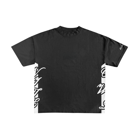 Nite Owl Gotham Script Tee, black high fashion t-shirt, NYC streetwear, gothic type tee, heavyweight cotton shirt, luxury urban apparel, unisex streetwear, minimalist street style, side print t-shirt NYC, jet black oversized tee