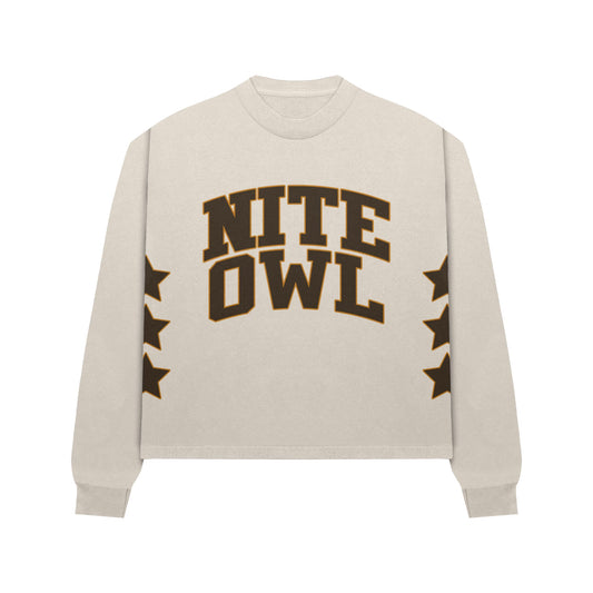 Nite Owl long sleeve crew neck from the Fall/Winter Season Drop 1. A stylish and comfortable piece perfect for cooler weather, featuring a sleek design that blends high-fashion streetwear with cozy winter wear.