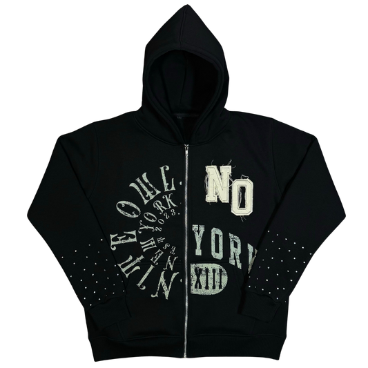 Nite Owl “NO YORK XIII” Rhinestone Zip Hoodie in jet black, featuring premium heavyweight cotton, full zip closure, spacious hood, and shimmering rhinestone graphic on front and back.