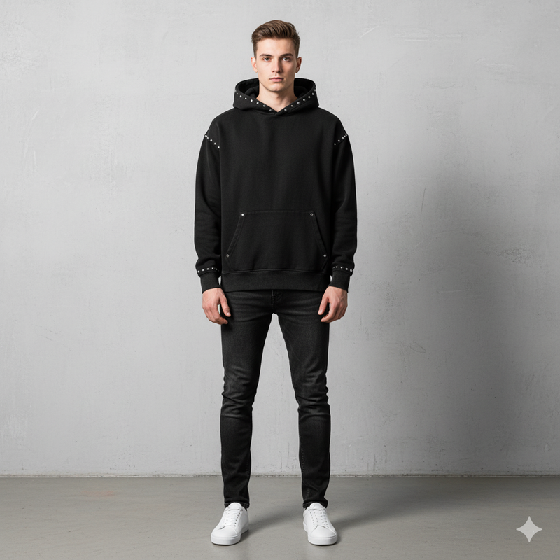 Male and female models wearing the Nite Owl ‘Nite Fall’ unisex streetwear hoodie, a black premium heavyweight pullover with metal stud detailing, modern minimalist design, and elevated urban loungewear fit—ideal for customers searching for luxury unisex hoodies, cozy streetwear outfits, and high-quality fashion essentials.