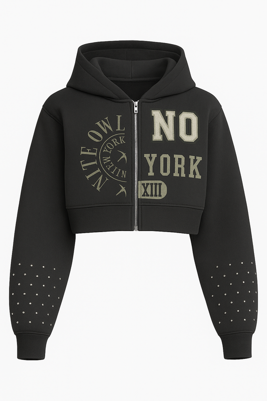 Black cropped zip hoodie with NO YORK XIII graphic and silver studded sleeves by Nite Owl Clothing