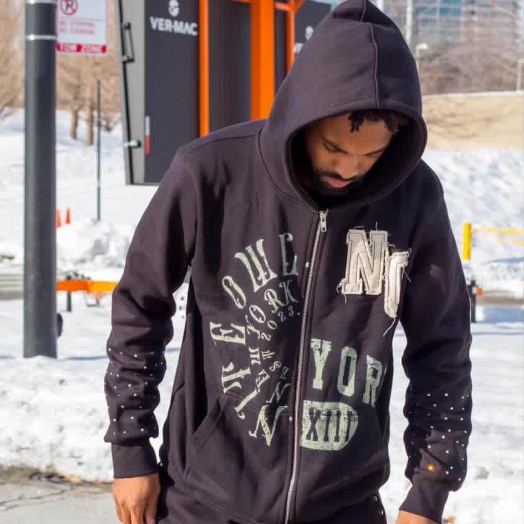 N0 YORK XII Rhinestone Hoodie Model