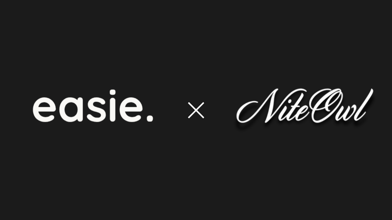 Easie x Nite Owl collaboration logo on a black background promoting premium women’s loungewear essentials, minimalist cozy fits, elevated everyday comfort sets, and modern streetwear lounge styles designed for fashion-forward women searching for high-quality luxury loungewear brands.