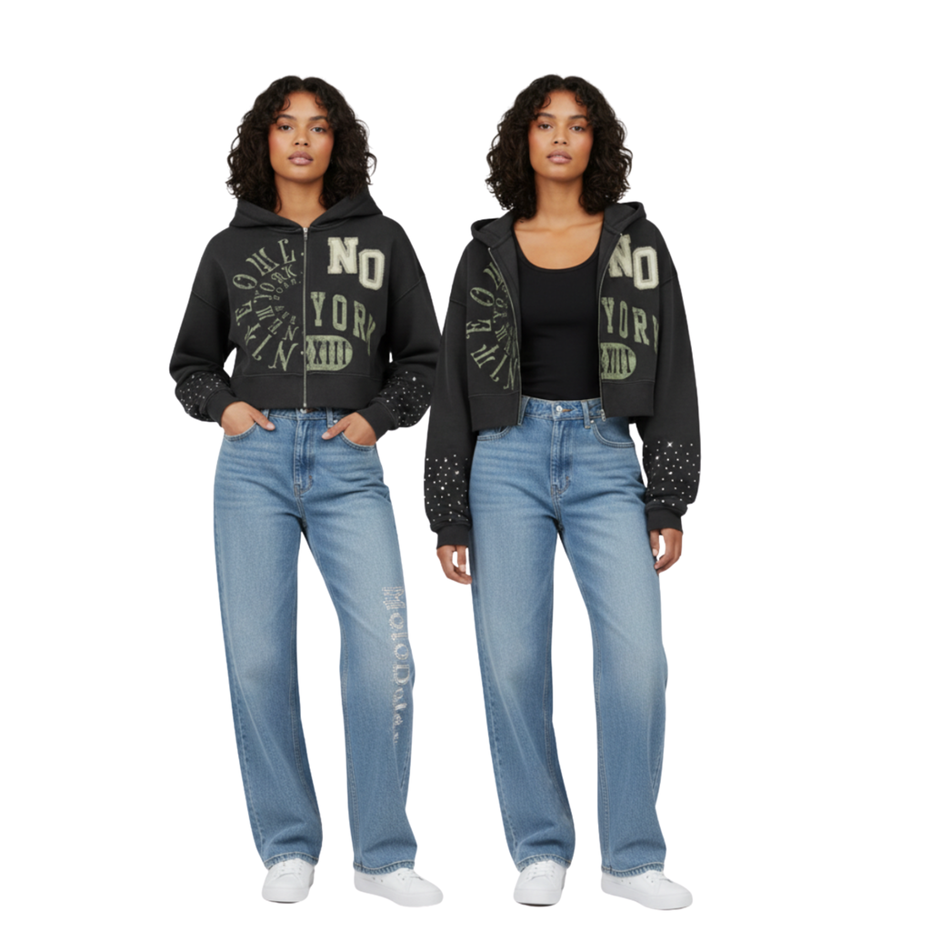 Female Models Nite Owl “NO YORK XIII” Cropped Rhinestone Zip Hoodie – Black 