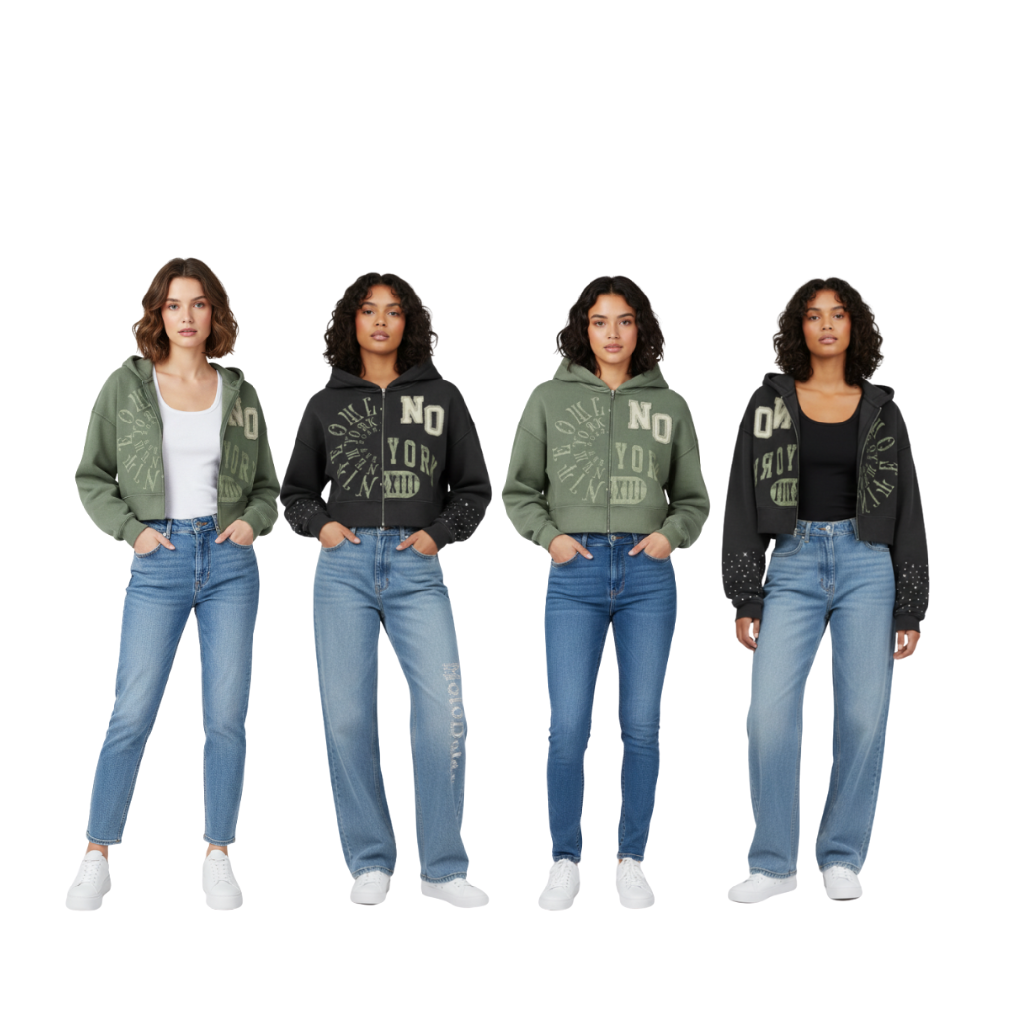 Female Models wearing Nite Owl “NO YORK XIII” Cropped Zip Hoodies