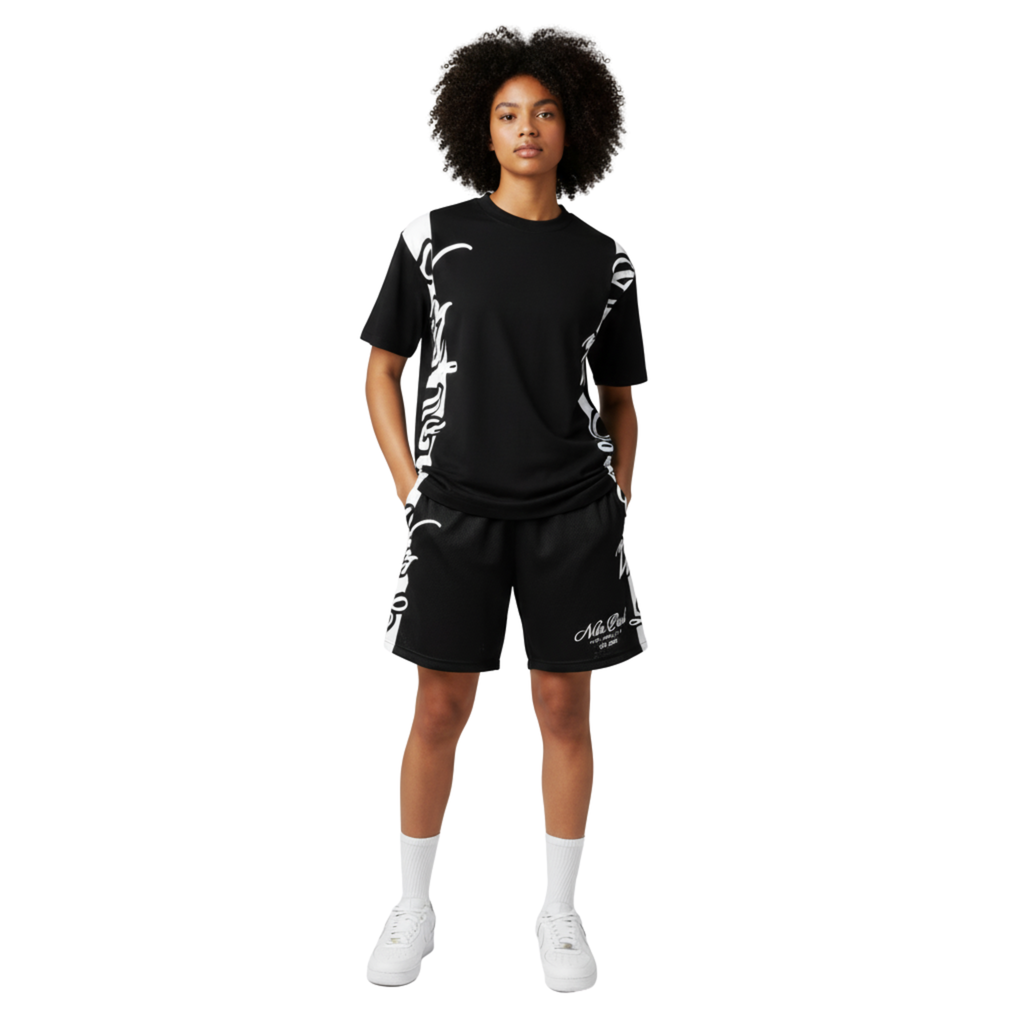 Female Model wearing Nite Owl “Gotham Script” Side Print Tee & Shorts