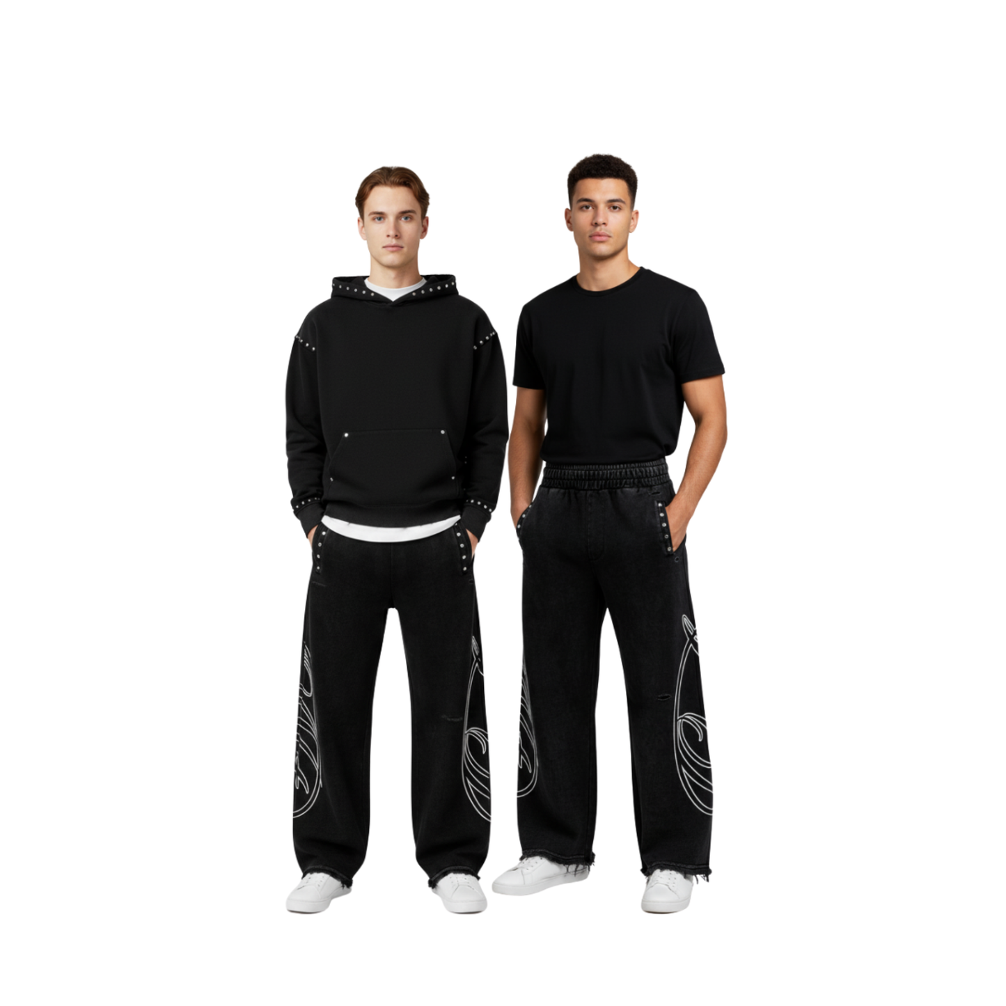 “Two male models wearing Nite Owl streetwear essentials on a white studio background. Left model styled in the Nite Fall Hoodie — a premium black unisex zip-up hoodie with studded accents and minimalist luxury detailing — paired with the Stress Free Comfort Nite Owl Relaxed Fit Pants featuring oversized owl graphic artwork. Right model wearing the same relaxed-fit Nite Owl pants with a black tee. Modern NYC streetwear designed for all-day comfort and elevated minimalist style.”