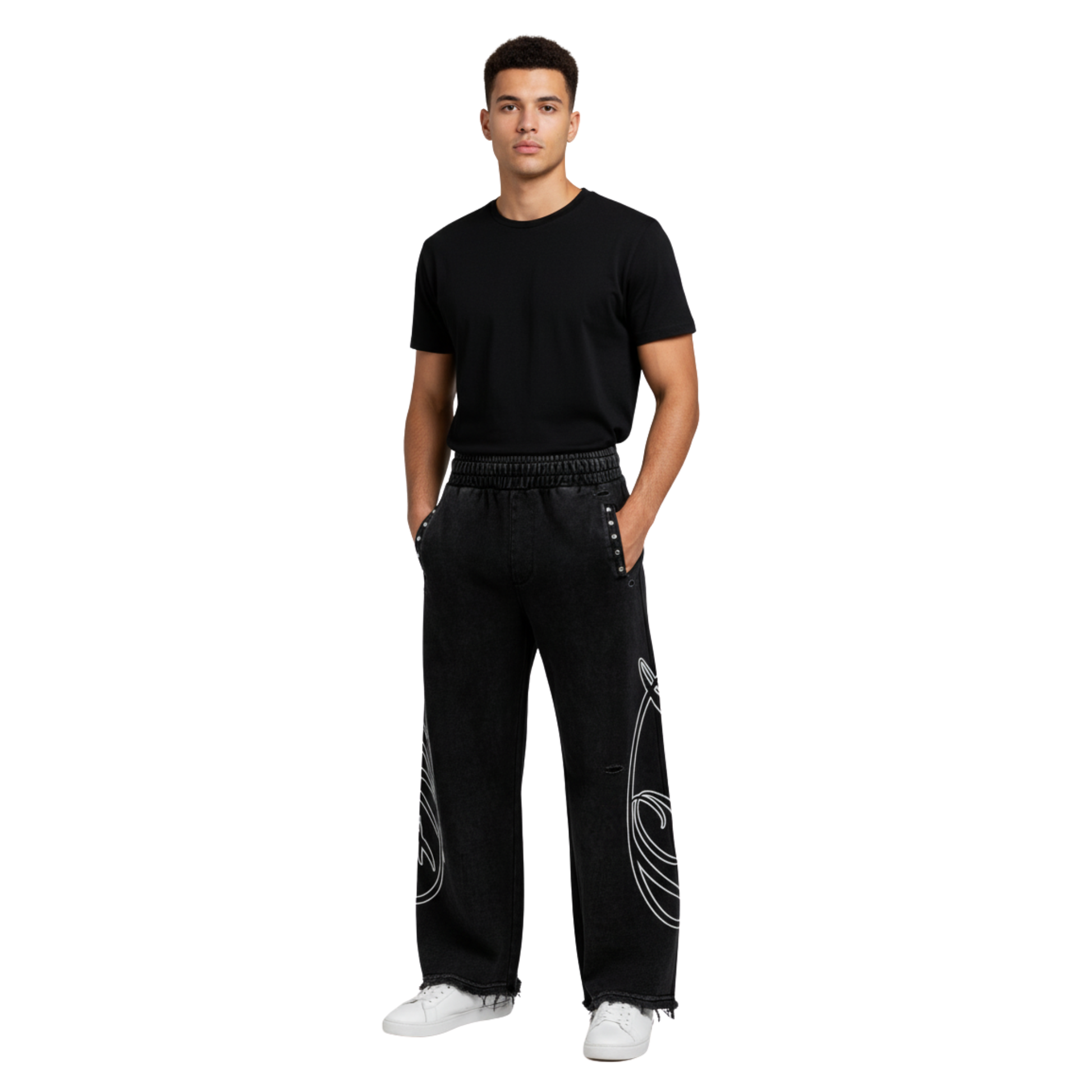 “Male model wearing the Nite Owl Stress Free Comfort Relaxed Fit Pants in black on a white studio background. Features wide-leg silhouette, elastic waistband, premium soft fabric, and oversized white owl graphic down both legs. Modern NYC streetwear designed for all-day comfort, everyday mobility, and elevated minimalist style.”