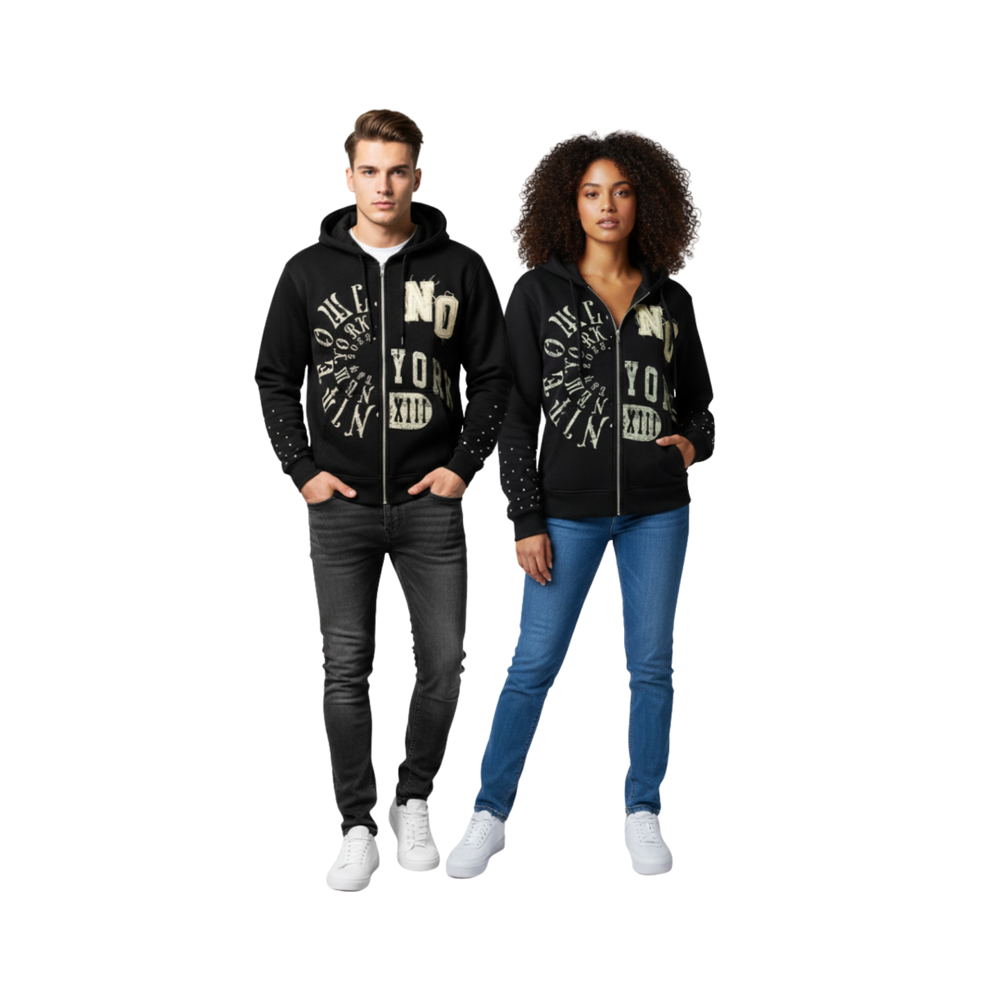 “Unisex Nite Owl ‘NO YORK XIII’ Rhinestone Zip Hoodie worn by two models standing on a clean white studio background. Premium black zip-up hoodie with gold rhinestone artwork and studded sleeves, styled with casual denim and white sneakers. High-end minimalist NYC streetwear from Nite Owl’s Fall/Winter luxury collection, designed for men and women.”