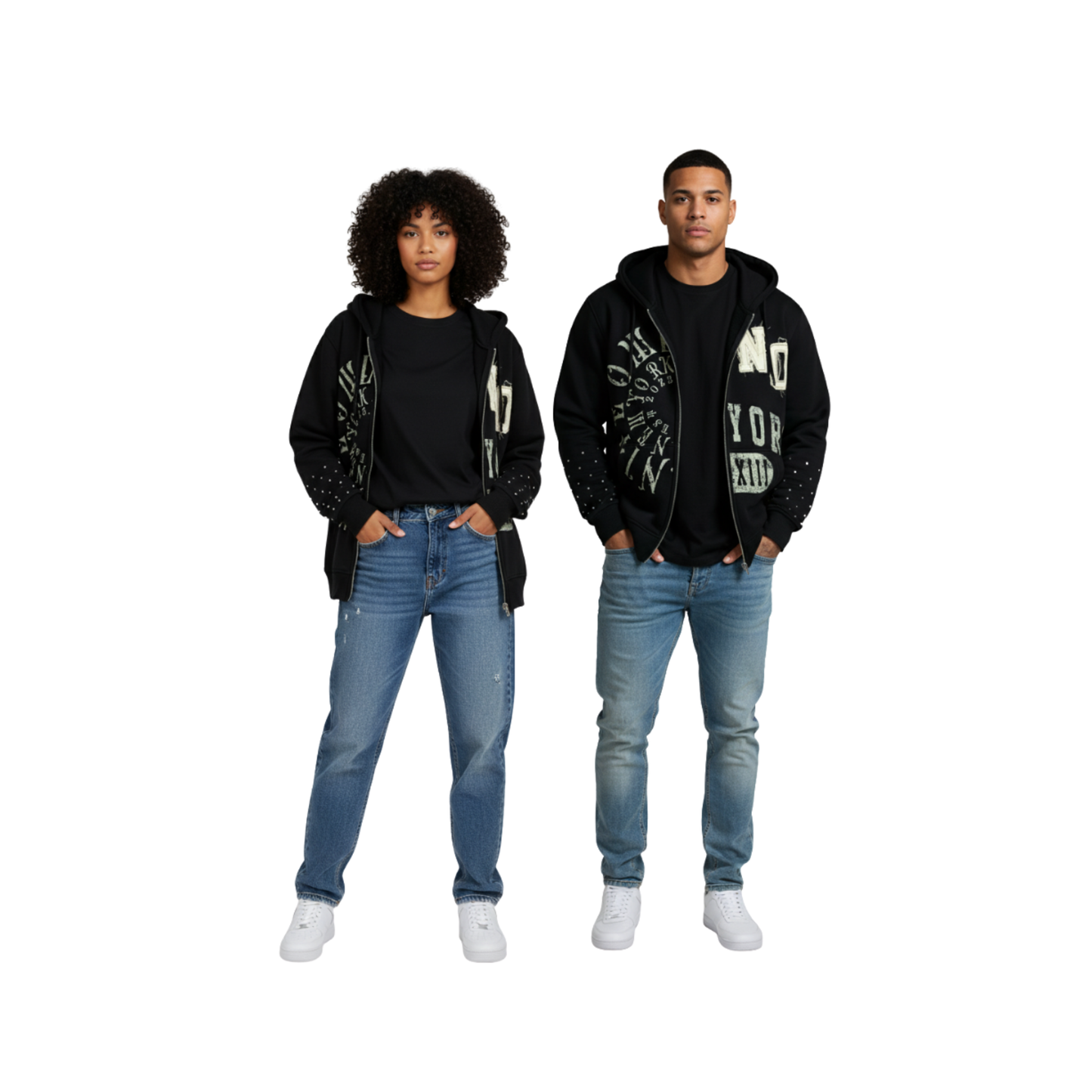 “Unisex Nite Owl ‘NO YORK XIII’ Rhinestone Zip Hoodie showcased by two models standing side-by-side on a clean white background. Premium black streetwear hoodie with gold rhinestone detailing and studded sleeves, styled with casual denim for everyday wear. High-end minimalist NYC streetwear from Nite Owl, designed for men and women as part of the Fall/Winter luxury collection.”
