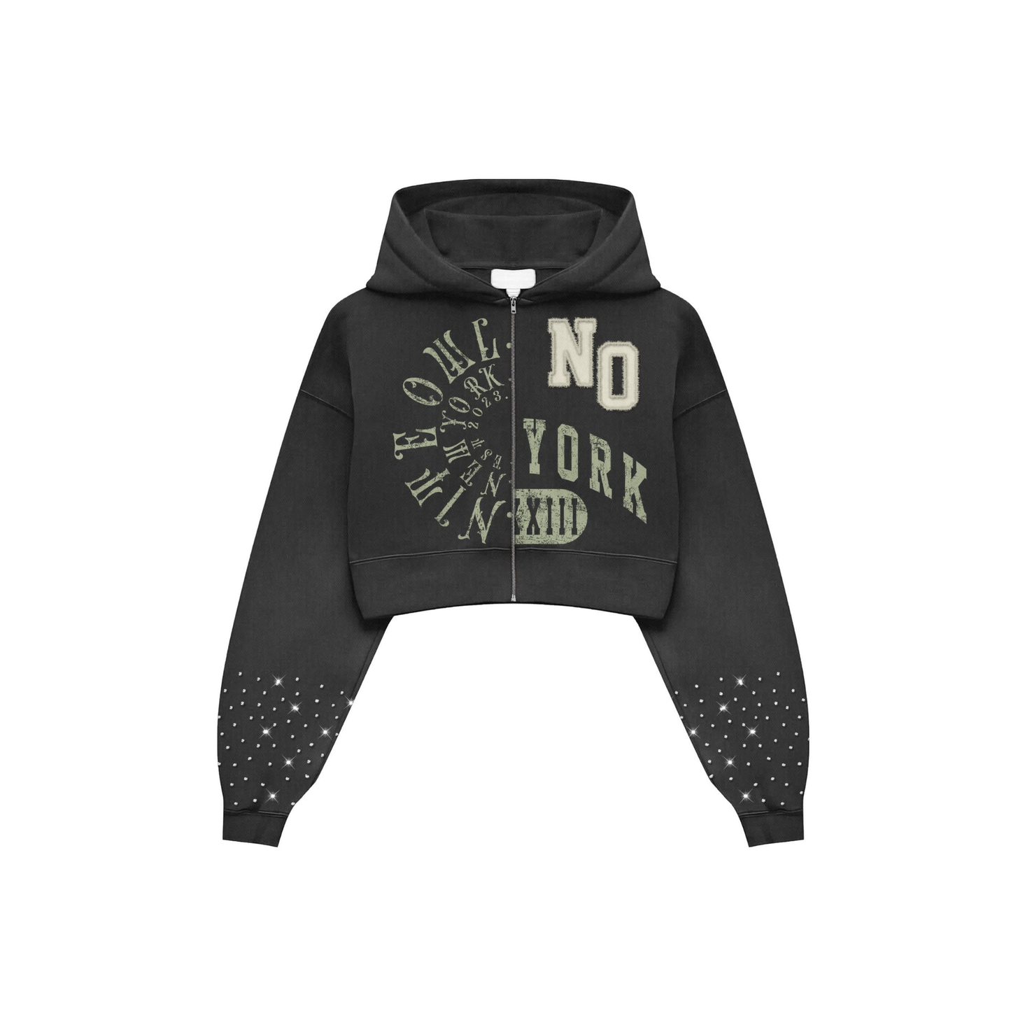 Nite Owl “NO YORK XIII” Cropped Rhinestone Zip Hoodie – Black