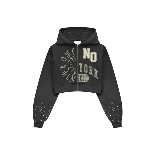 Nite Owl “NO YORK XIII” Cropped Rhinestone Zip Hoodie – Black