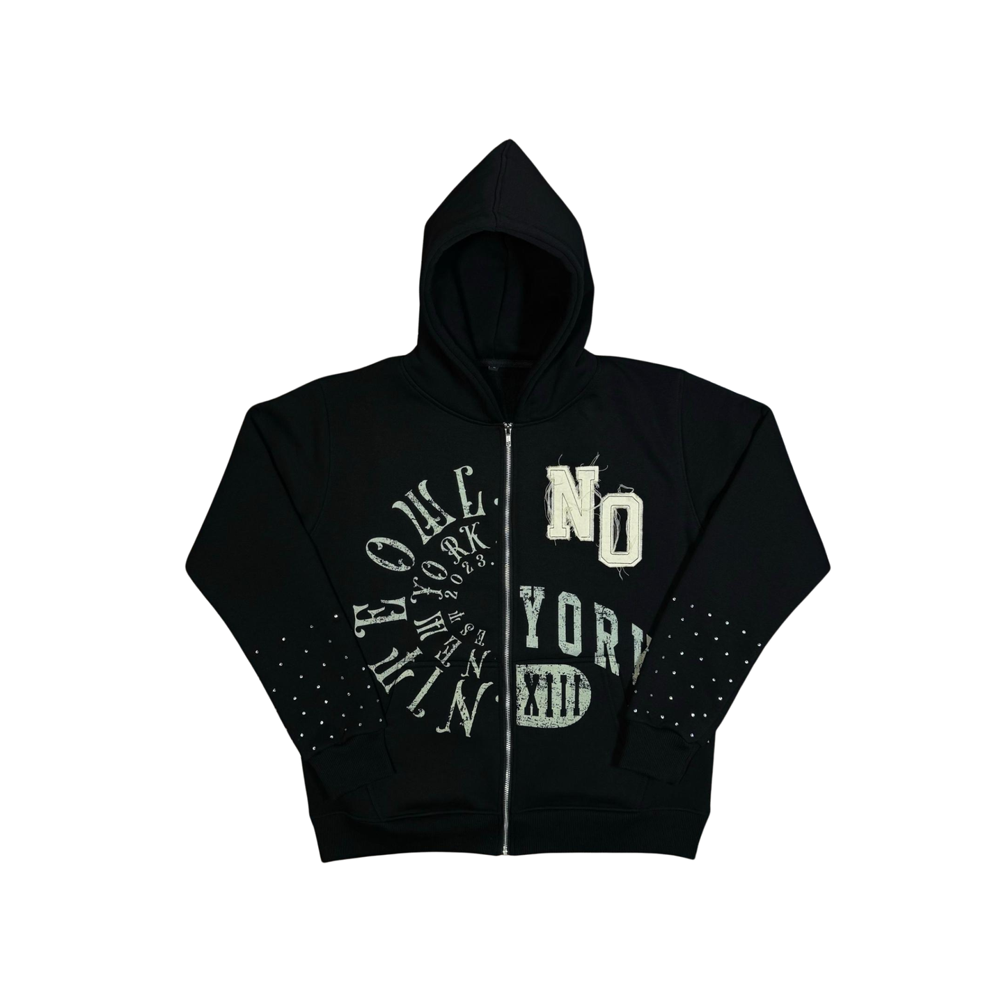 “Flat lay of the Nite Owl ‘NO YORK XIII’ Rhinestone Zip Hoodie in black, featuring premium gold rhinestone graphics across the front and studded sleeves. High-end unisex streetwear hoodie with zip closure, minimalist luxury design, and NYC-inspired typography. Part of the Nite Owl Fall/Winter collection, showcasing premium craftsmanship and bold contemporary fashion.”