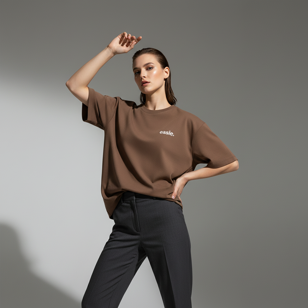 Female Model wearing Ease Essentials Oversized Tee (Brown)