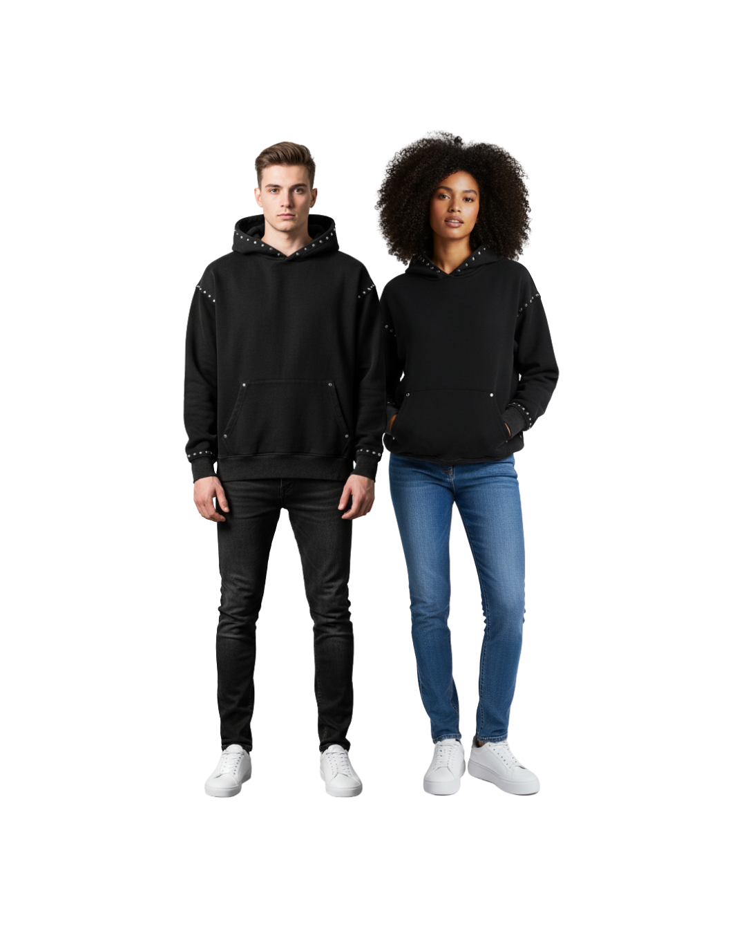 Male and female models wearing black stud-detailed premium streetwear hoodies by Nite Owl, showcasing unisex luxury loungewear with metal accents, soft heavyweight fabric, and modern minimalist design—perfect for high-end urban fashion branding and ecommerce product display.